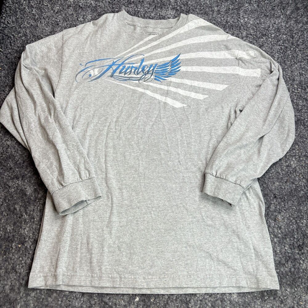 Hurley Y2K Shirt Mens Large Gray Long Sleeve Wing Rays Graphic Tee Surf Skate